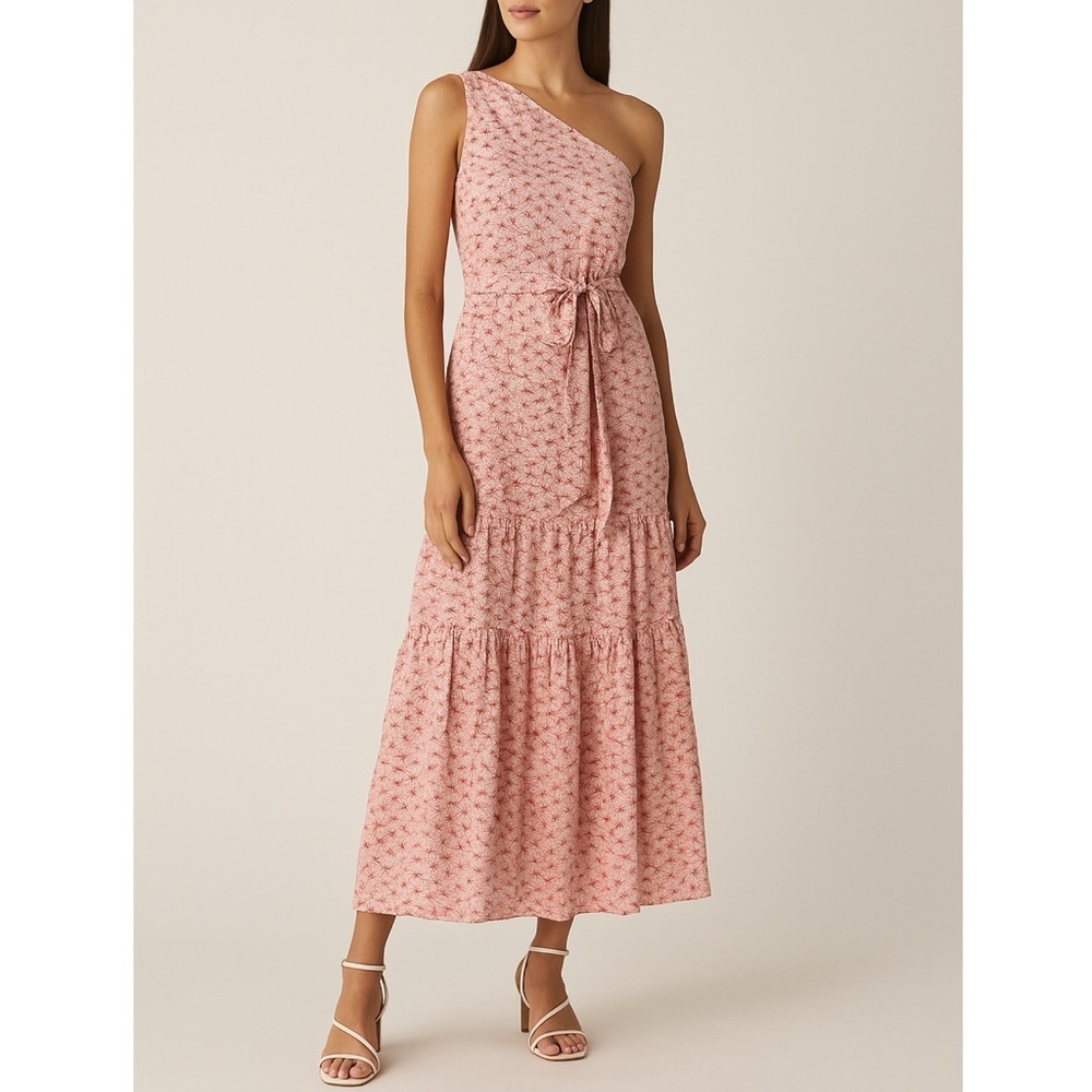 Rygrass One-Shoulder Red Print Tiered Maxi Dress Belted Lined Flowy Resort 16